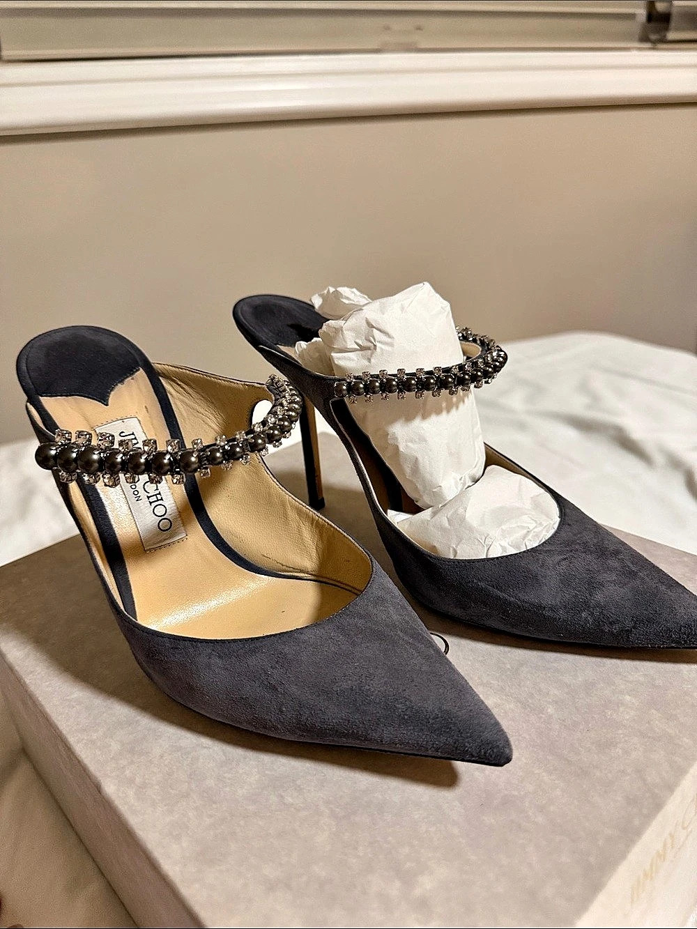 Jimmy Choo Bing 100 Suede Mules with Crystal and Pearl Strap & Pearl Strap, Gray